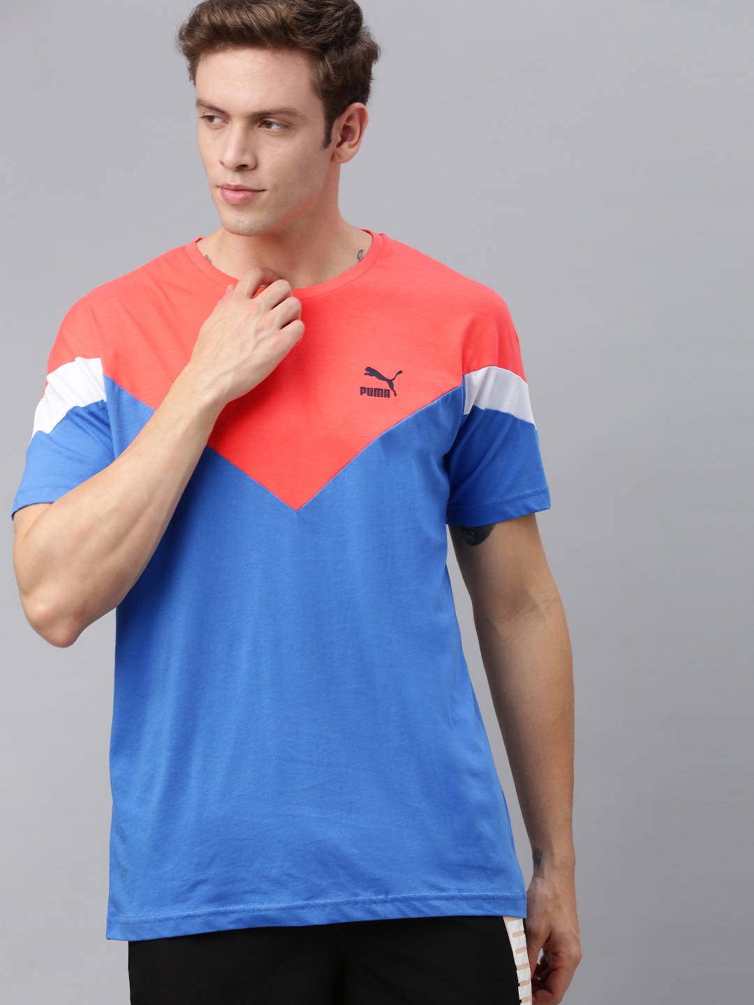 

Puma Men Blue Orange Slim Fit Colourblocked Iconic MCS Round Neck Pure Cotton T-shirt