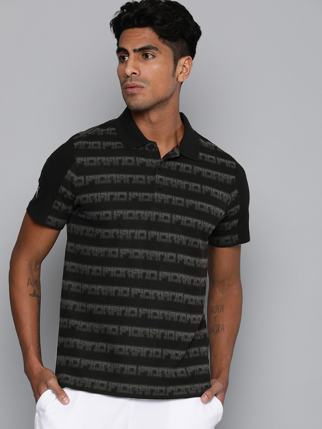 

PUMA Motorsport Men Black Printed SF AOP Polo Collar T-shirt