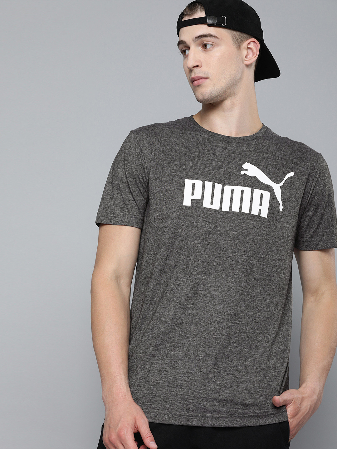 

Puma Men Grey Printed Essentials+ Heather Regular Fit Round Neck T-shirt