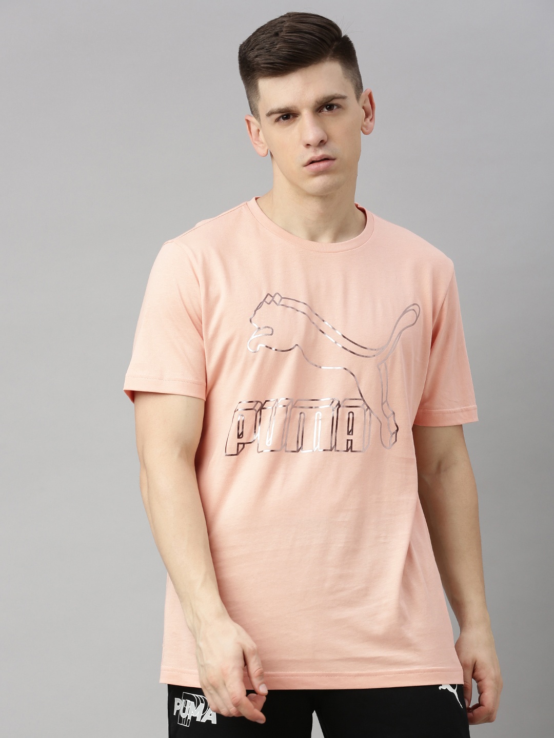 

Puma Men Peach-Coloured Printed Round Neck Classics Logo Pure Cotton T-shirt