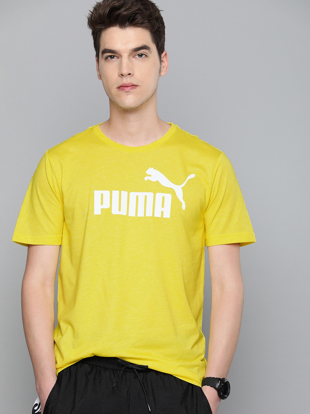 

Puma Men Yellow Printed Essentials+ Heather Round Neck T-shirt