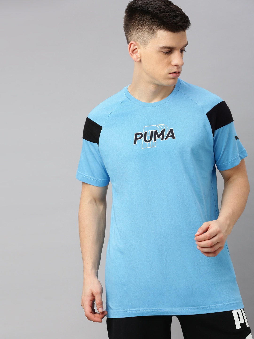 

Puma Men Blue Solid Modern Sports Advanced Round Neck Pure Cotton T-shirt with Printed Detail