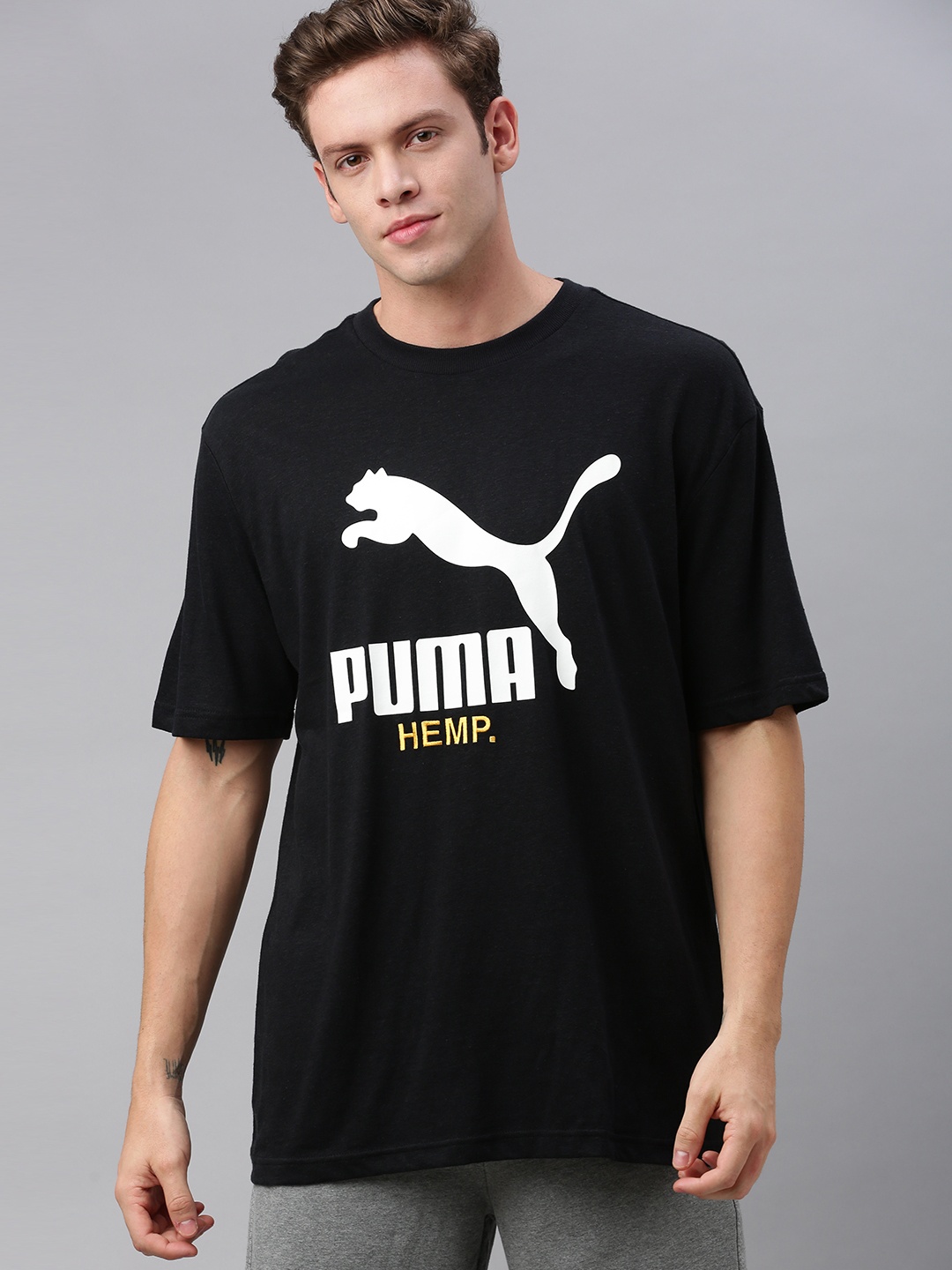 

Puma Men Black & White Printed Round Neck Hemp T-shirt