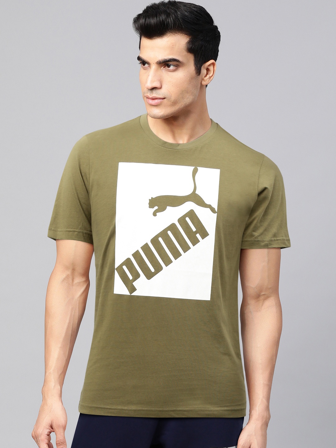

Puma Men Olive Green & White Big Logo Printed Round Neck T-shirt