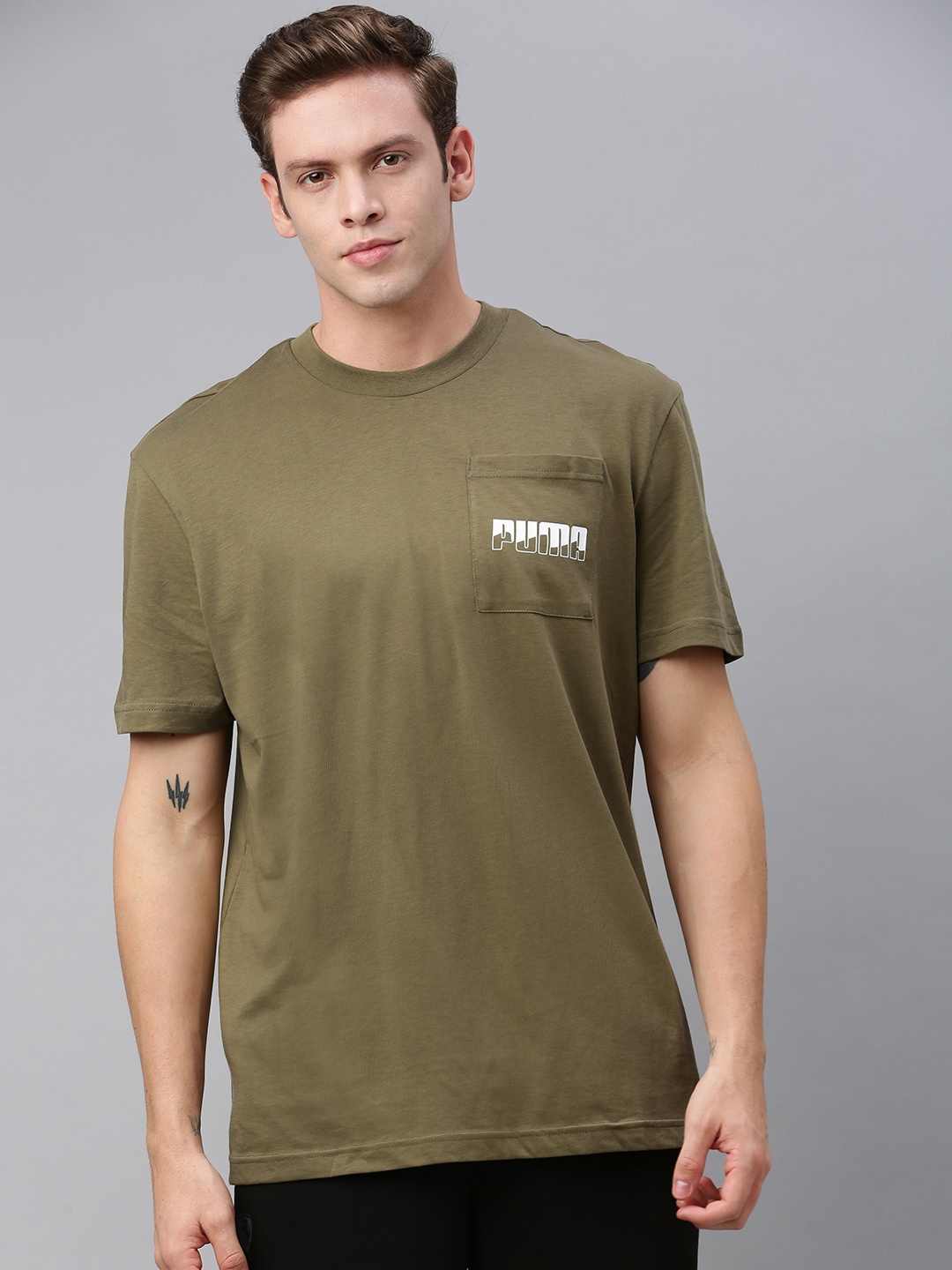 

Puma Men Olive Green Placement Printed Rebel Round Neck Pure Cotton T-shirt
