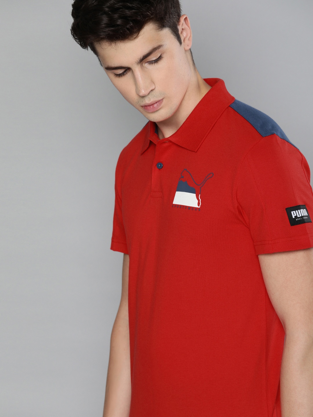 

Puma Men Red Solid Slim Fit ATHLETICS Polo Collar T-shirt With Printed Detail