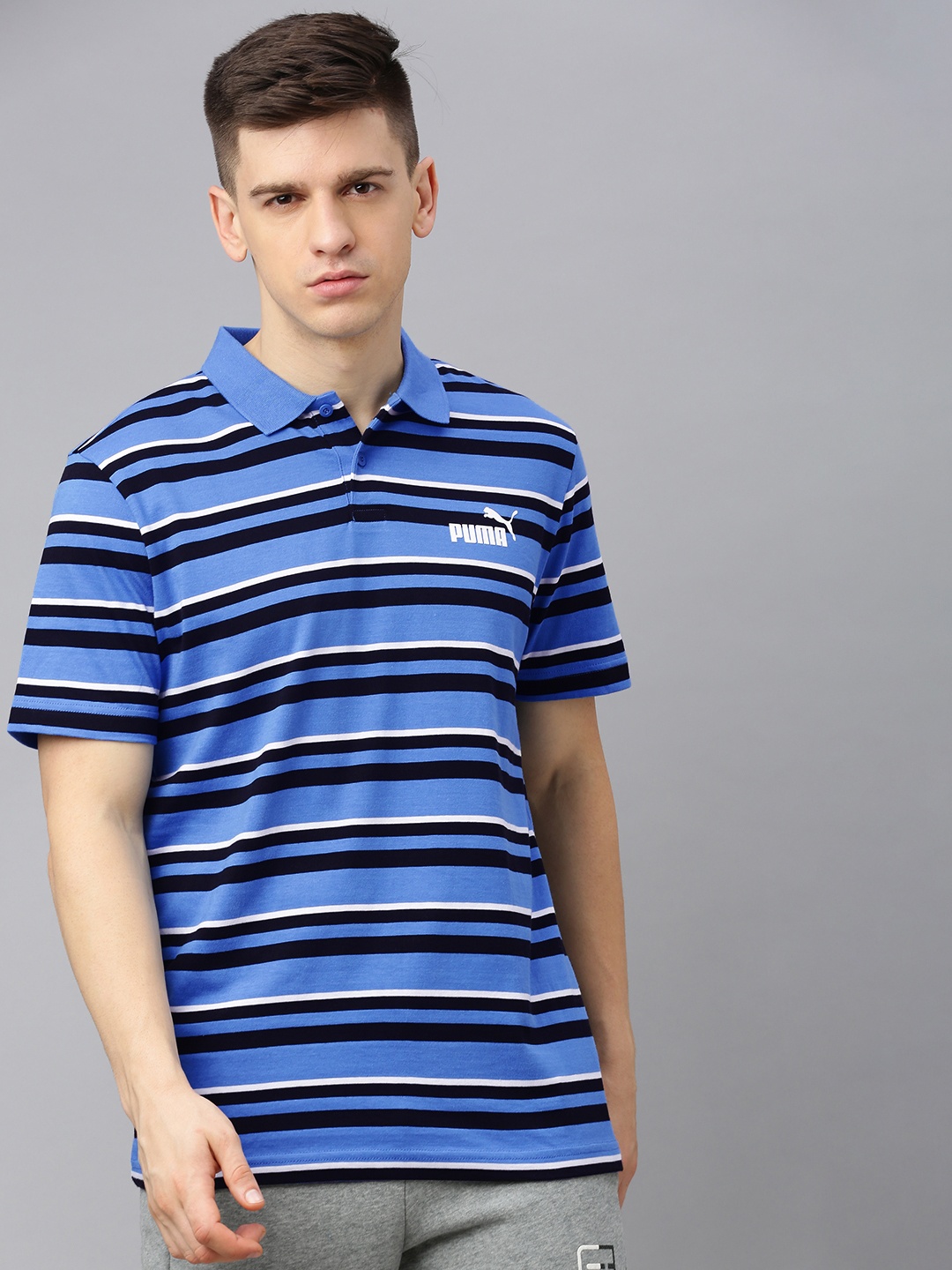 

Puma Men Blue Black Striped Essentials+ Polo Collar Pure Cotton T-shirt