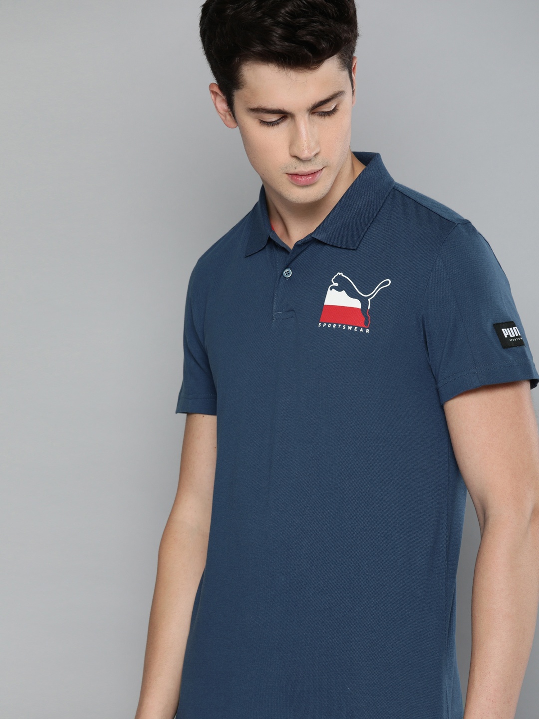 

Puma Men Blue Solid Slim Fit ATHLETICS Polo Collar T-shirt With Printed Detail