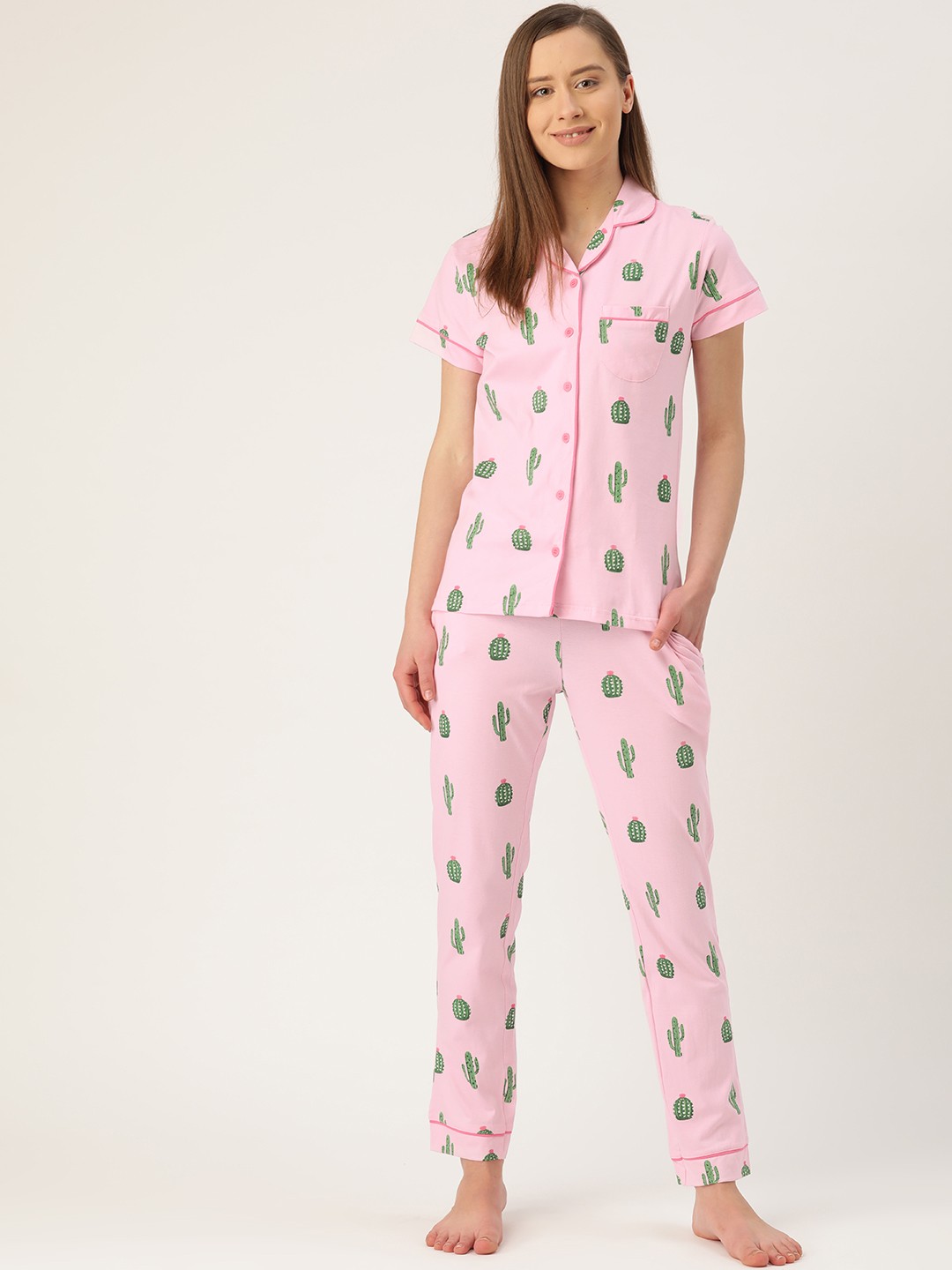 

Nite Flite Women Pink & Green Printed Night Suit