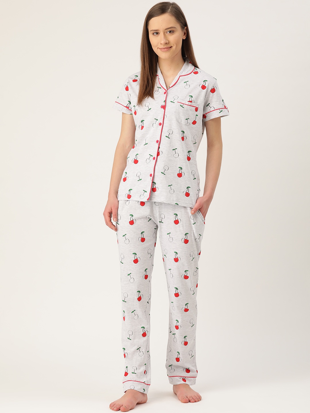 

Nite Flite Women Grey Melange & Red Printed Night Suit