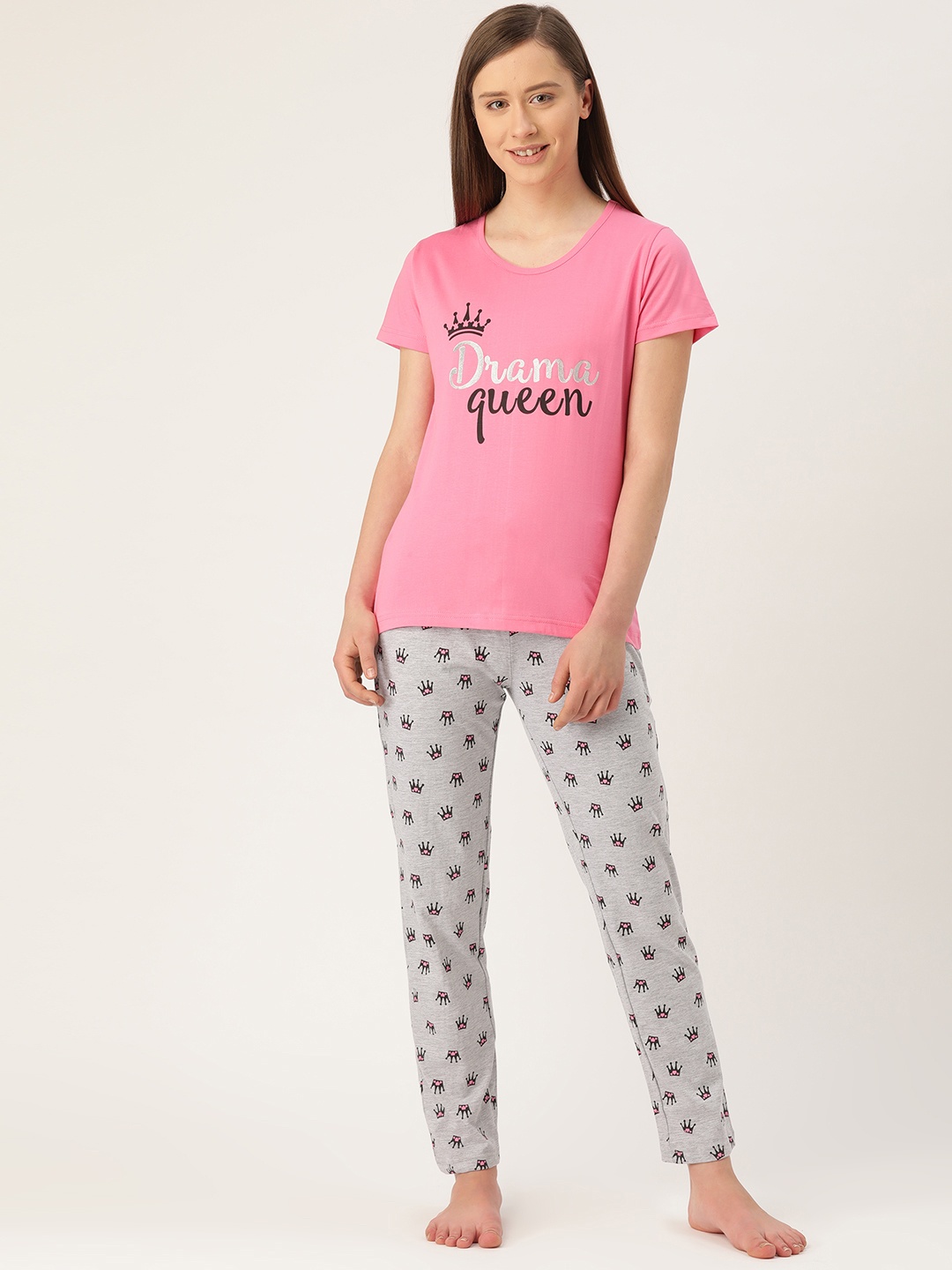 

Nite Flite Women Pink & Grey Melange Printed Night Suit
