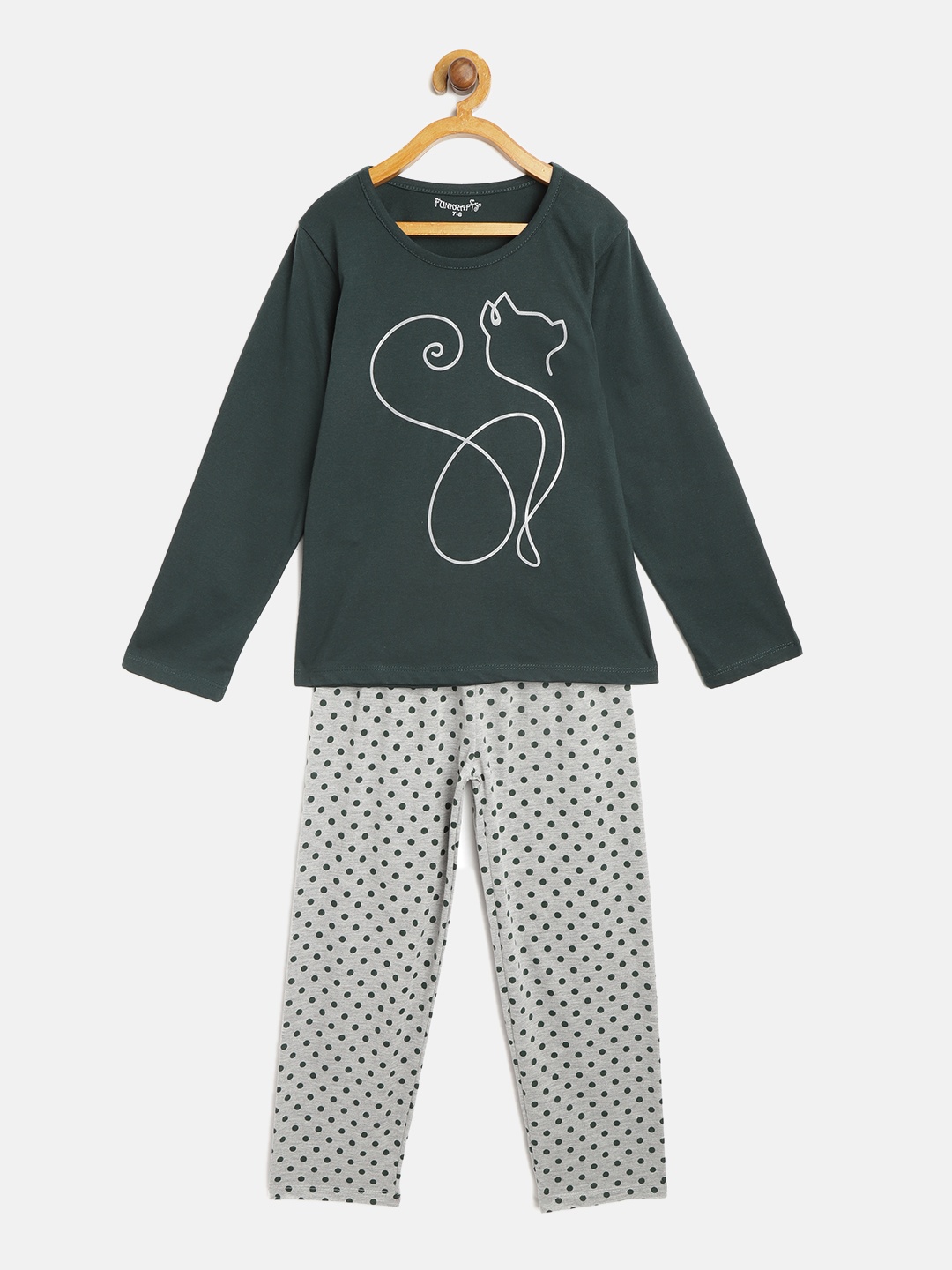 

FUNKRAFTS Girls Green & Grey Melange Printed Night suit