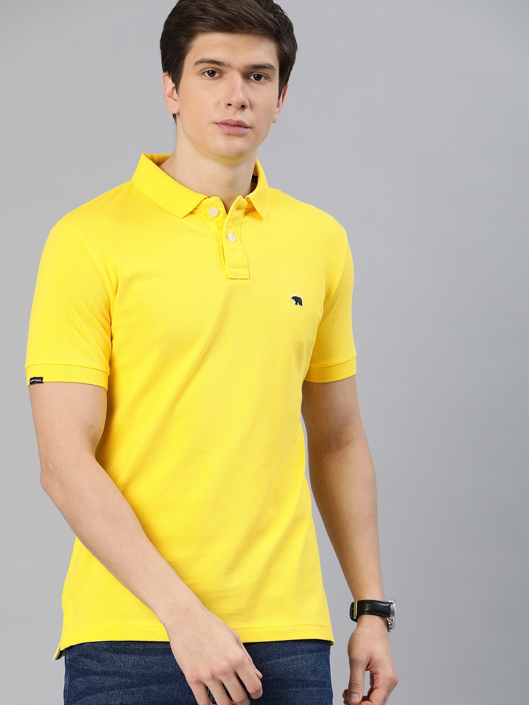 

THE BEAR HOUSE Men Yellow Solid Slim Fit Polo Collar Pure Cotton T-shirt