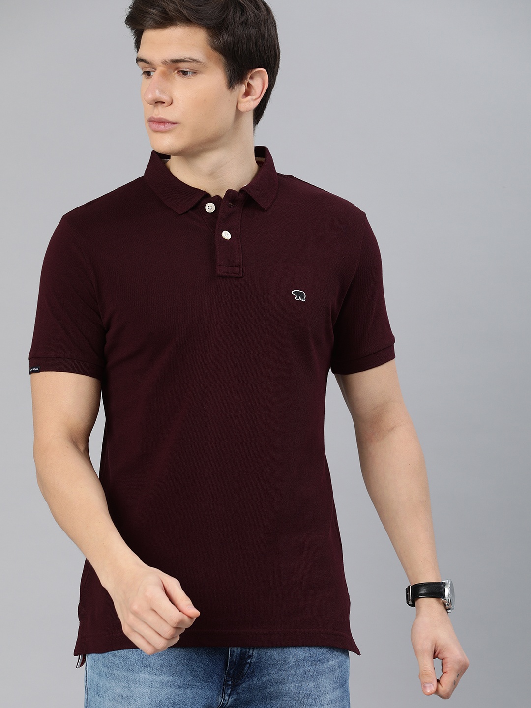 

THE BEAR HOUSE Men Burgundy Solid Slim Fit Polo Collar Pure Cotton T-shirt