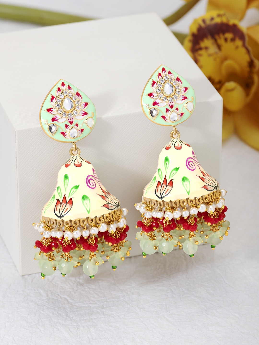 

Peora Sea Green & Gold-Plated Meenakari Dome Shaped Jhumkas