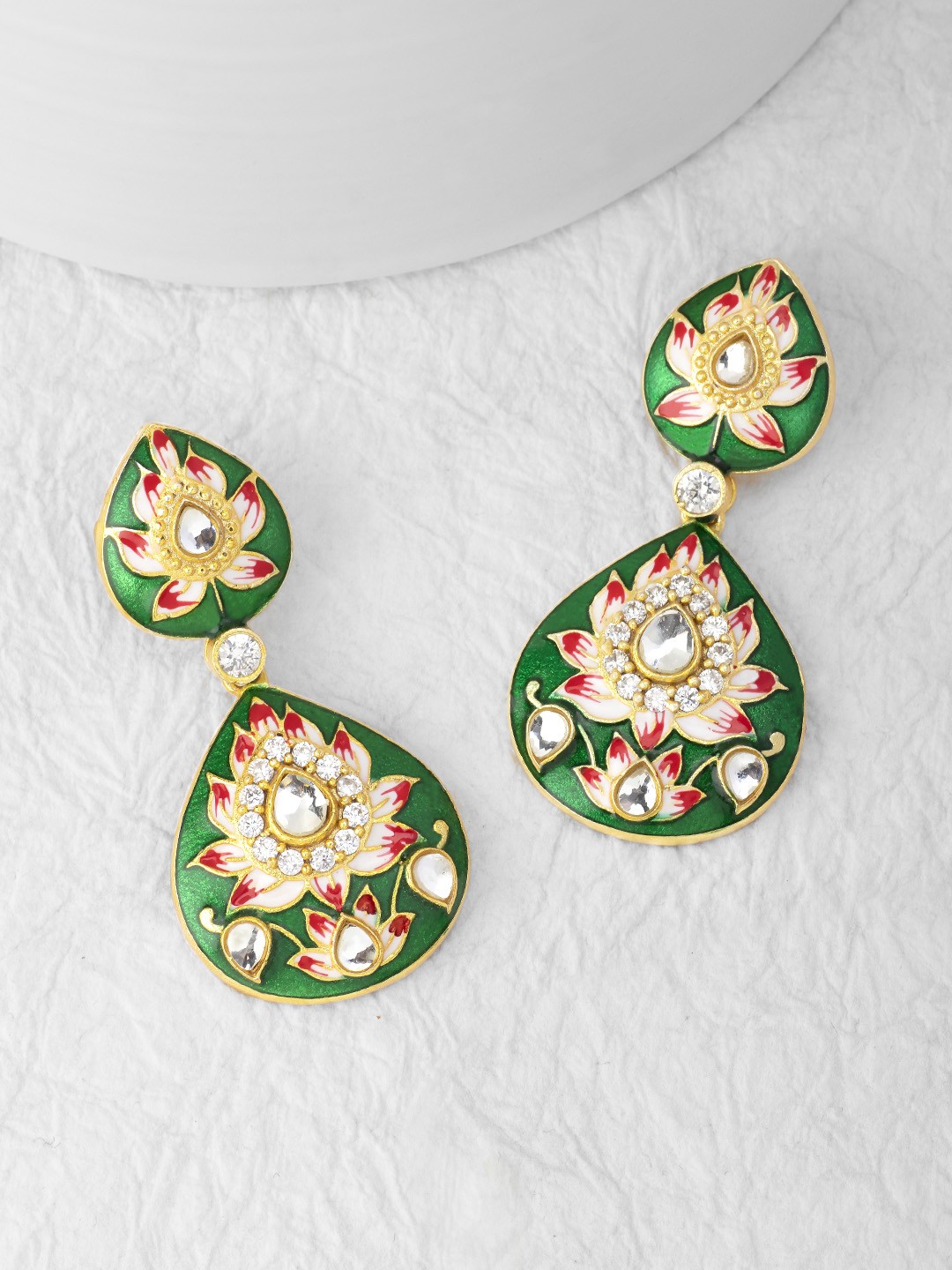 

Peora Gold-Plated Green & Red Handcrafted Meenakari Teardrop Shaped Drop Earrings