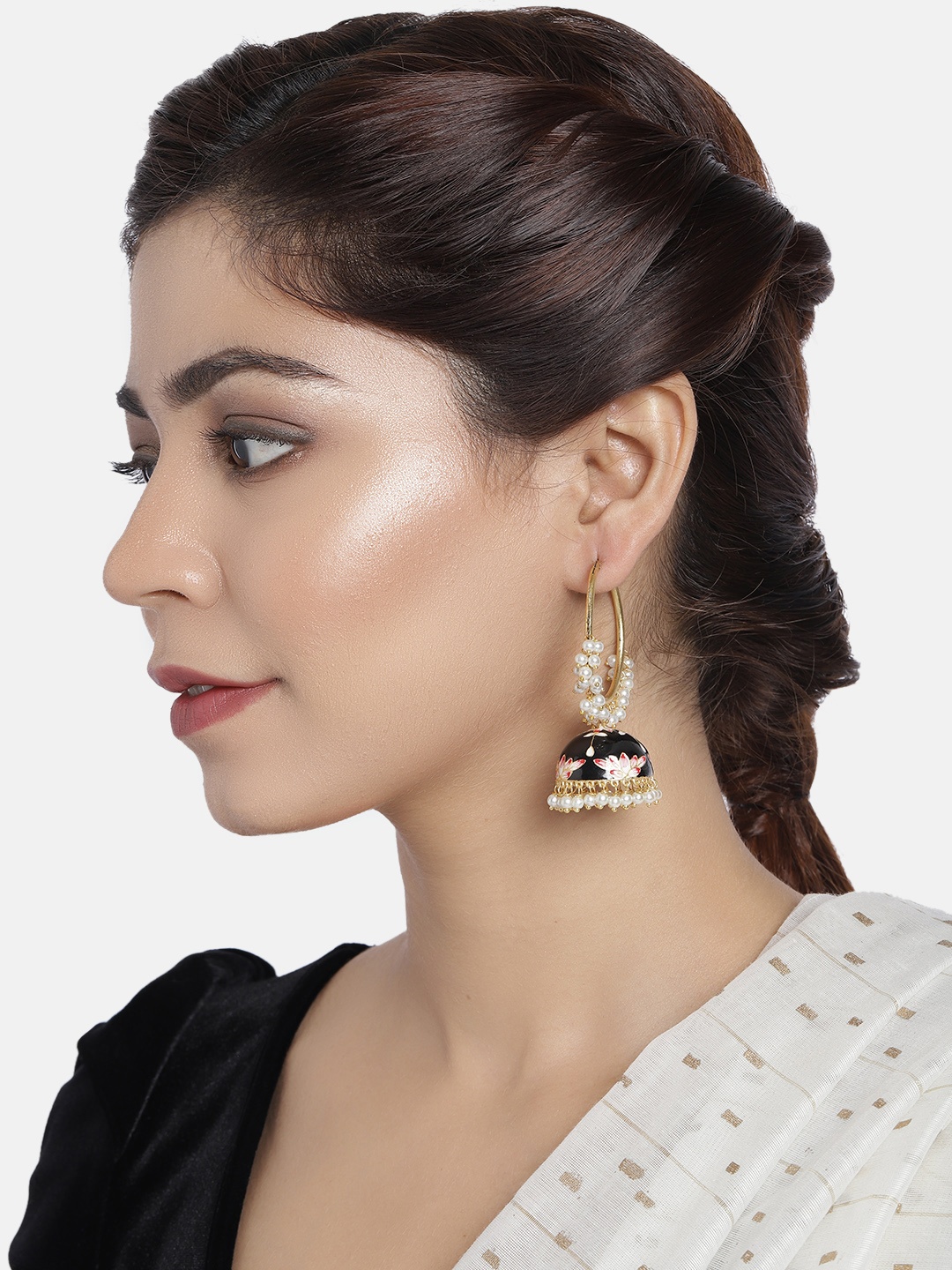 

Peora Black & Pink Gold-Plated Meenakari Enamelled Handcrafted Pearl Hoop Jhumkas