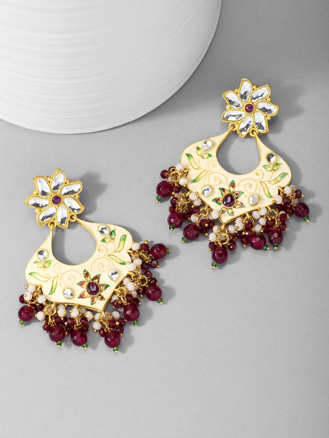 

Peora Cream-Coloured & Gold-Plated Meenakari Classic Drop Earrings