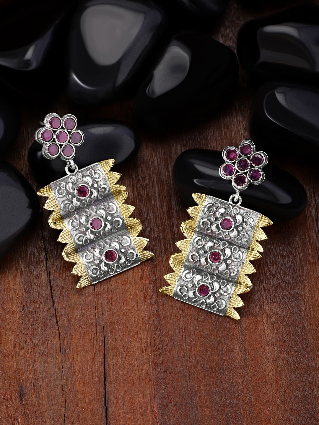 

Peora Red & Silver-Plated Oxidised Afghani Antique Geometric Drop Earrings