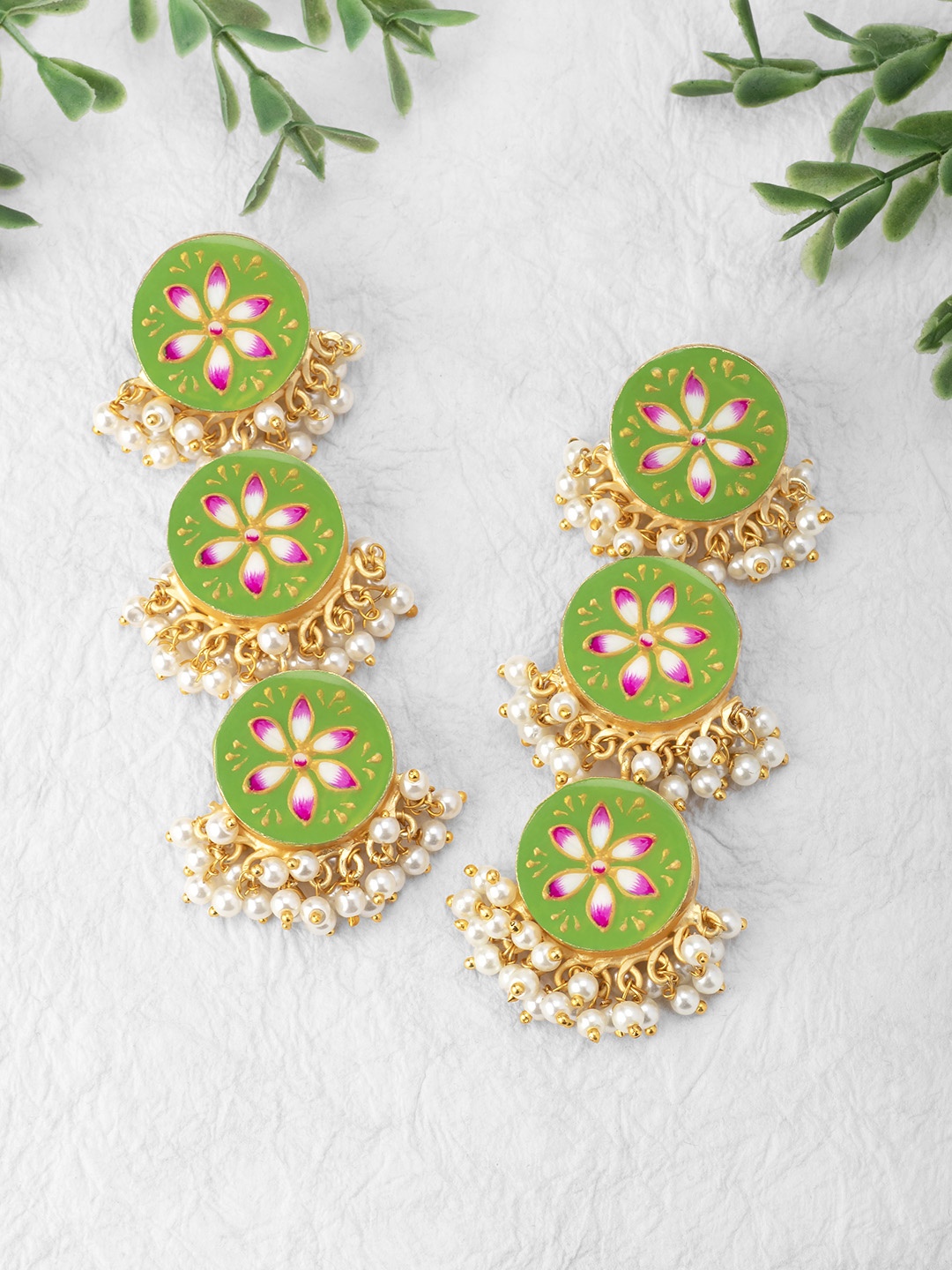 

Peora Green & Gold-Plated Meenakari Classic Drop Earrings