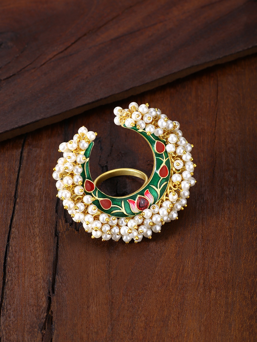 

Peora Women Gold-Plated & Dark Green Enamel Meenakari Adjustable Finger Ring