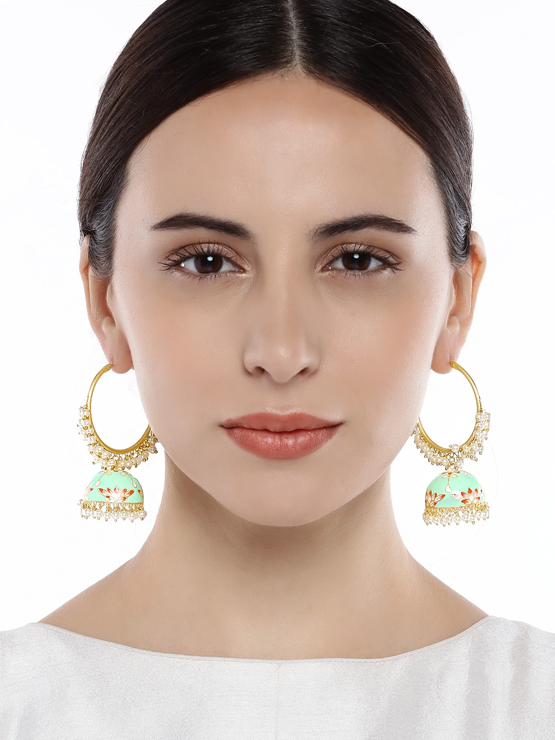 

Peora Gold-Plated & Sea Green Meenakari Dome Shaped Jhumkas