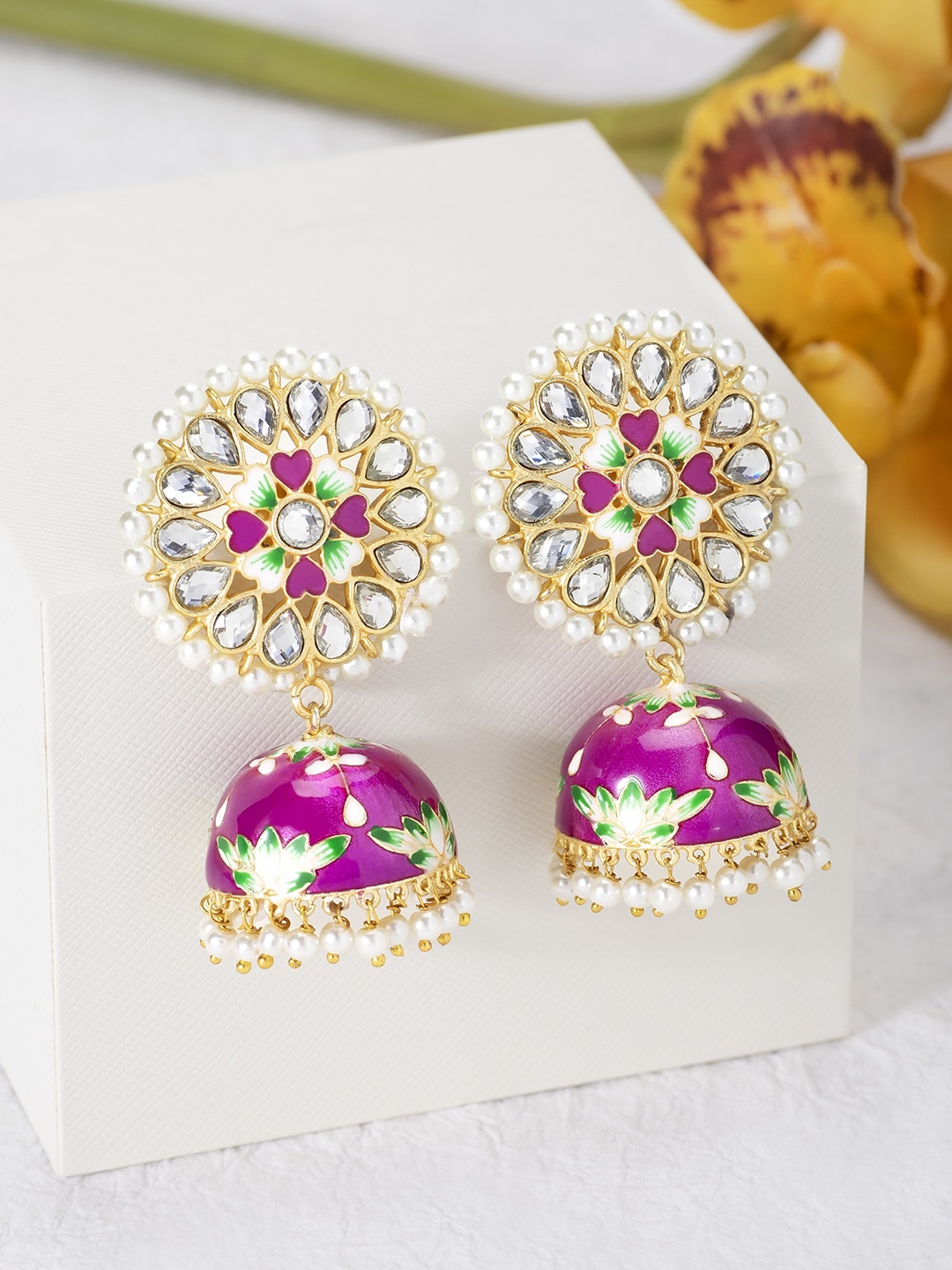 

Peora Gold-Plated Pink & Green Handcrafted Meenakari Dome Shaped Jhumkas