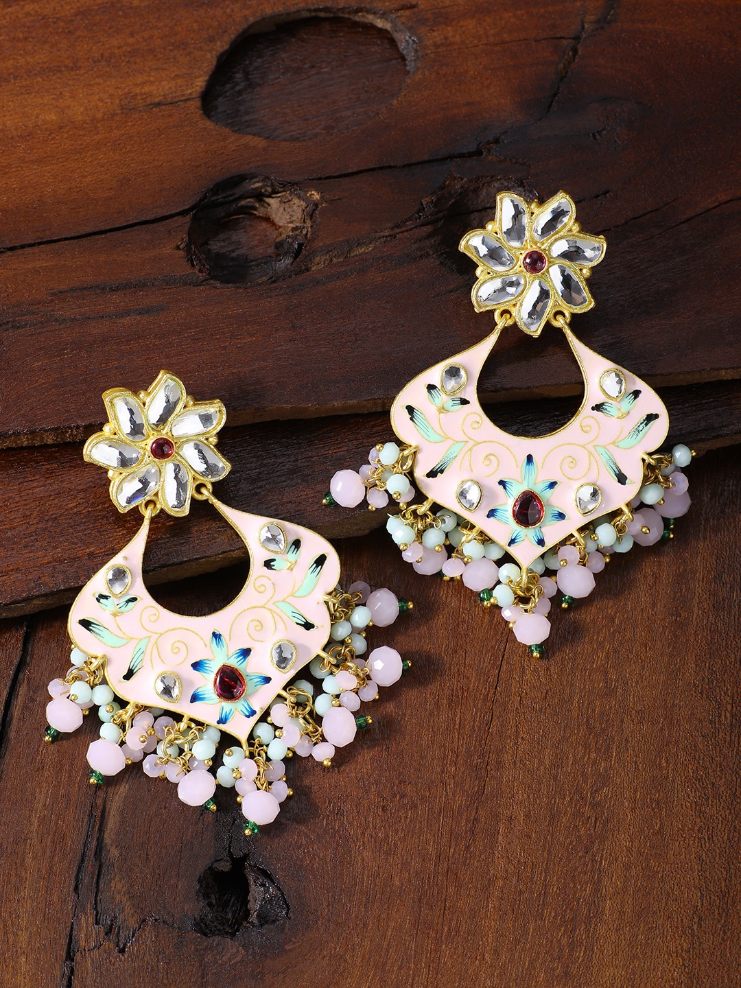 

Peora Pink & Gold-Plated Meenakari Classic Drop Earrings