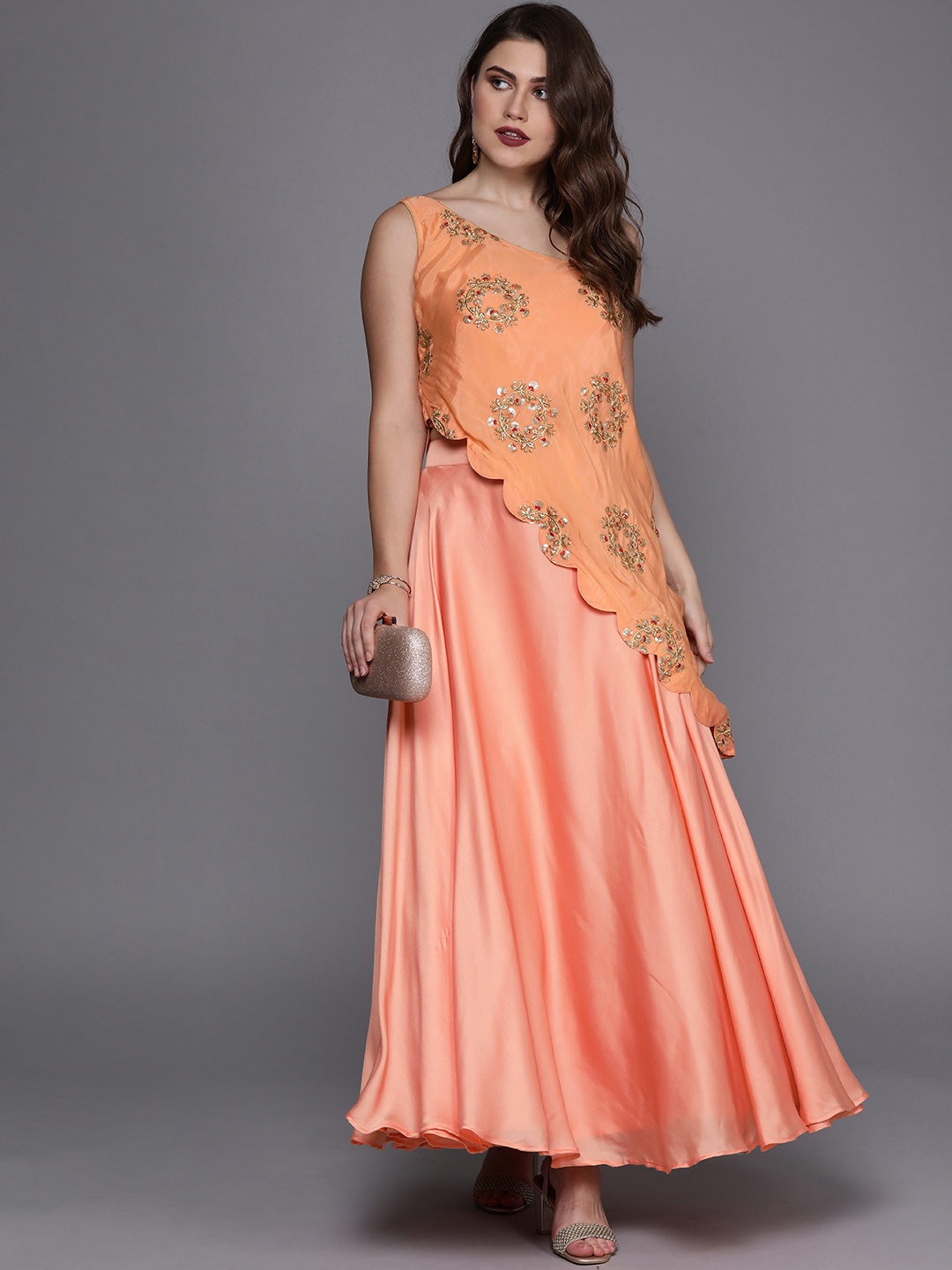 

Ethnovog Peach-Coloured Embellished Made to Measure Lehenga with Blouse Cape