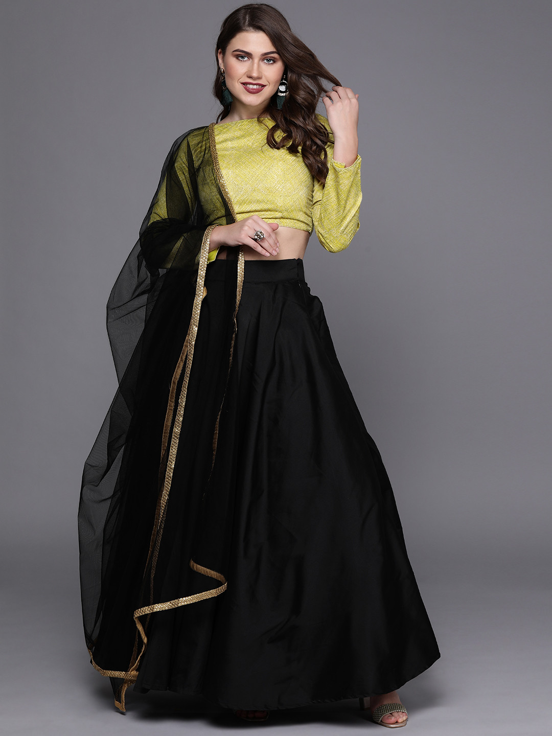 

Ethnovog Green Black Ready to Wear Lehenga with Blouse Dupatta
