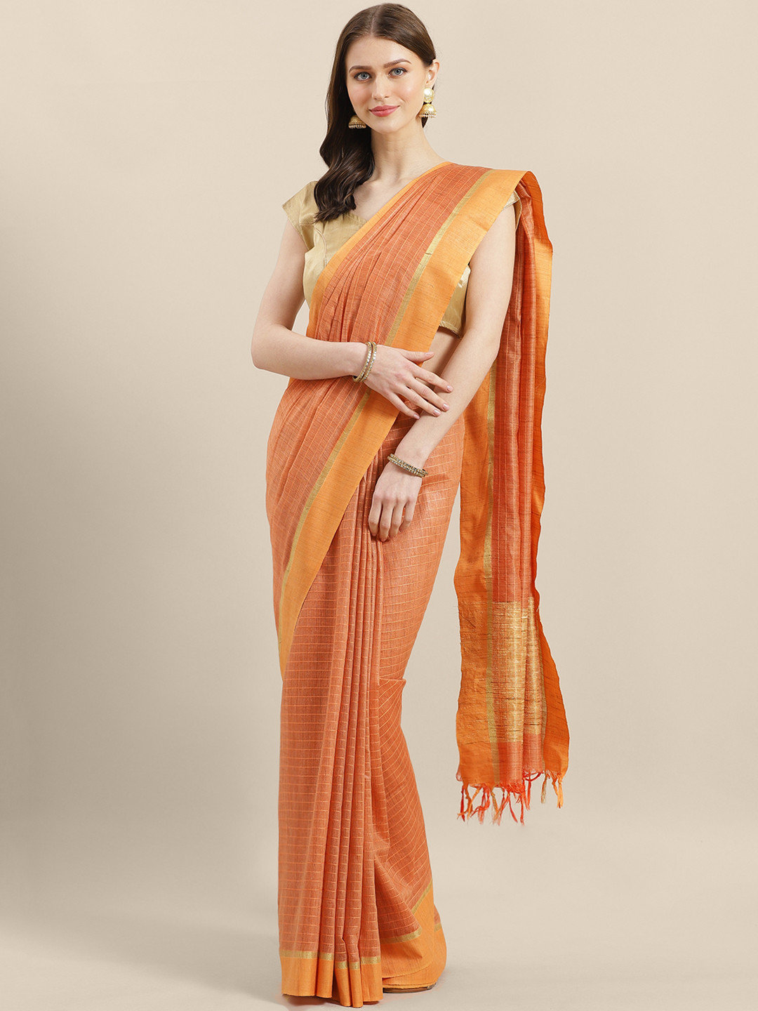 

swatika Orange Striped Handloom Bhagalpuri Saree