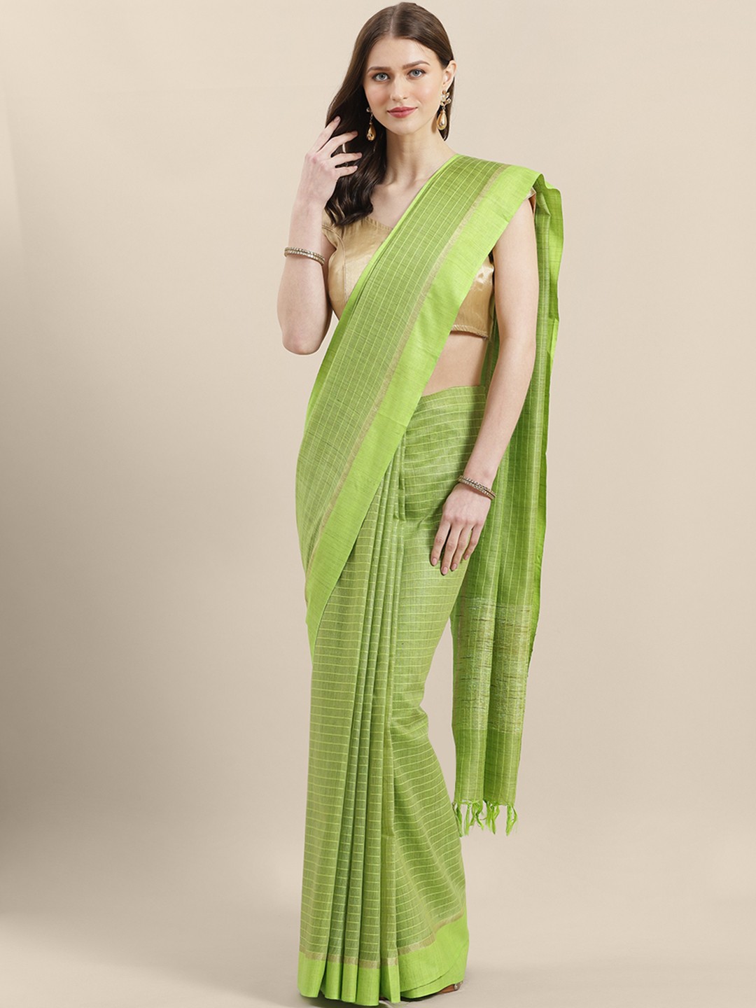 

swatika Green Zari Handloom Striped Bhagalpuri Saree