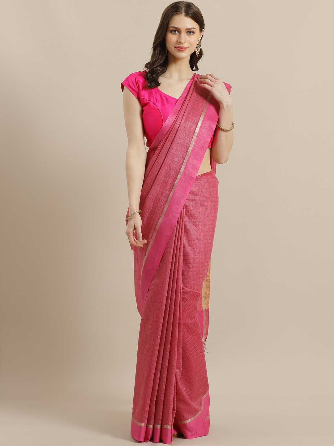 

swatika Pink & Beige Striped Bhagalpuri Handloom Saree
