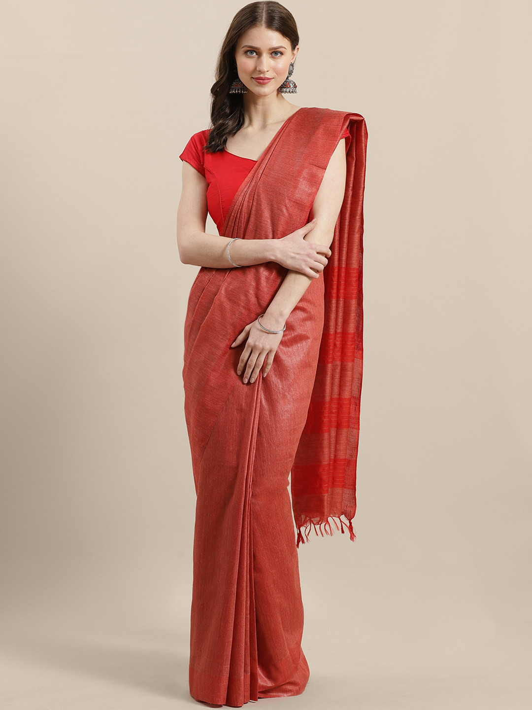 

swatika Red Silk Blend Self-Striped Bhagalpuri Handloom Saree