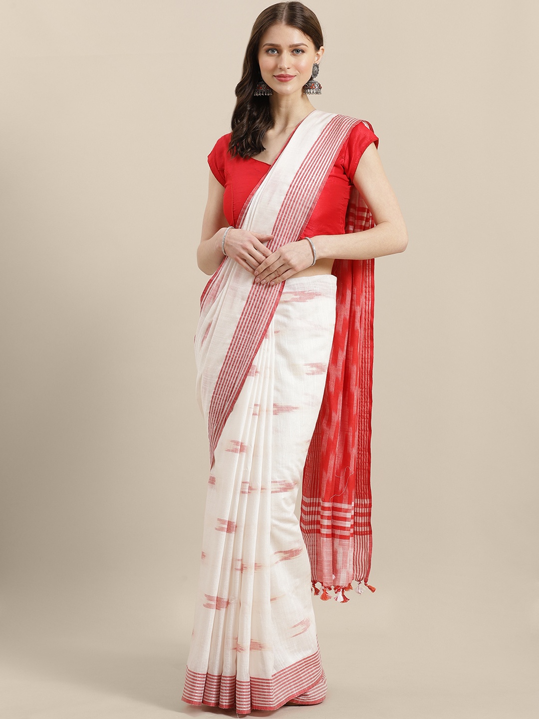 

swatika White & Red Woven Design Handloom Bhagalpuri Saree