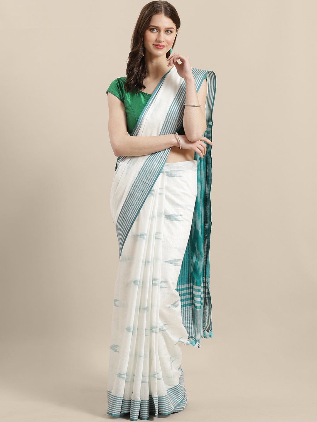 

swatika White & Green Woven Design Bhagalpuri Ikat Handloom Saree