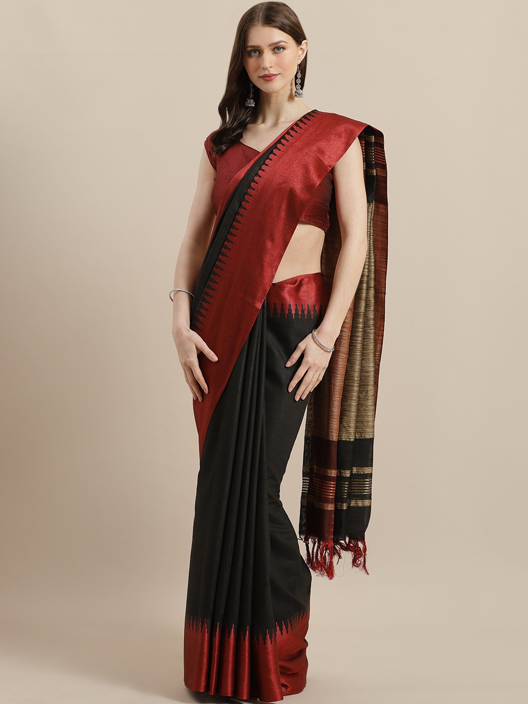 

swatika Black & Red Solid Bhagalpuri Handloom Saree