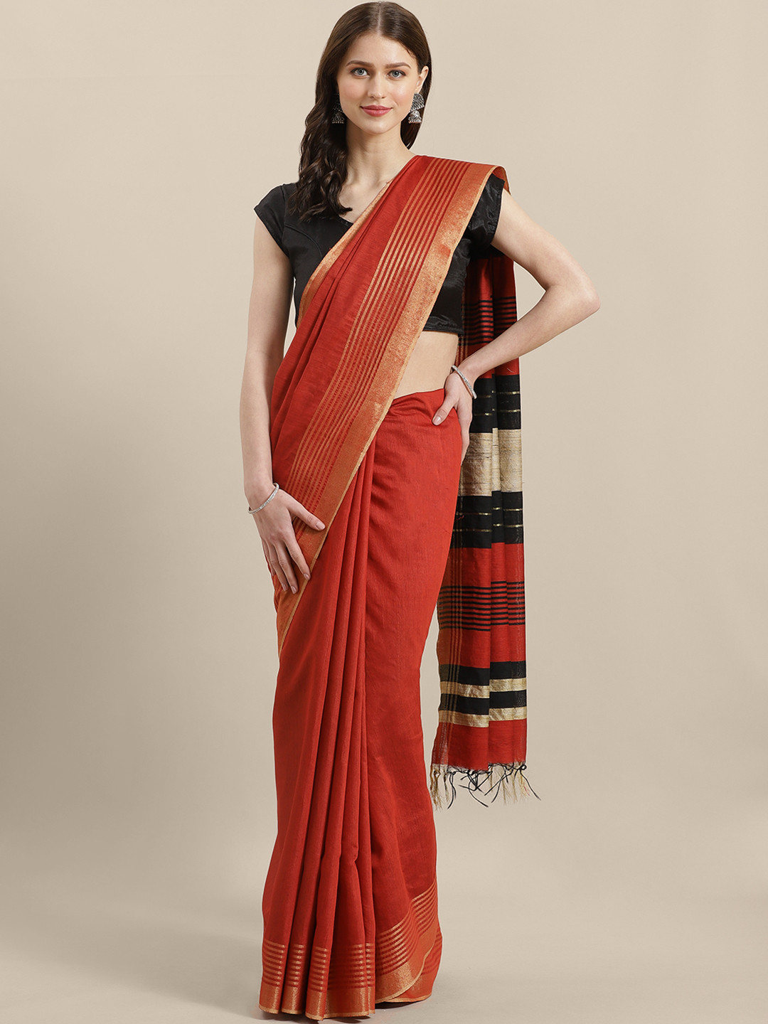 

swatika Rust Red Handloom Solid Bhagalpuri Saree