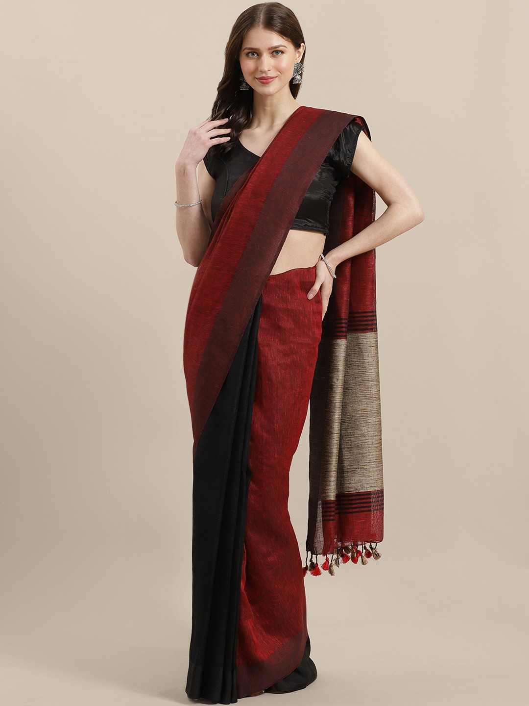 

swatika Maroon & Black Linen Handloom Katia Aanchal Solid Bhagalpuri Saree