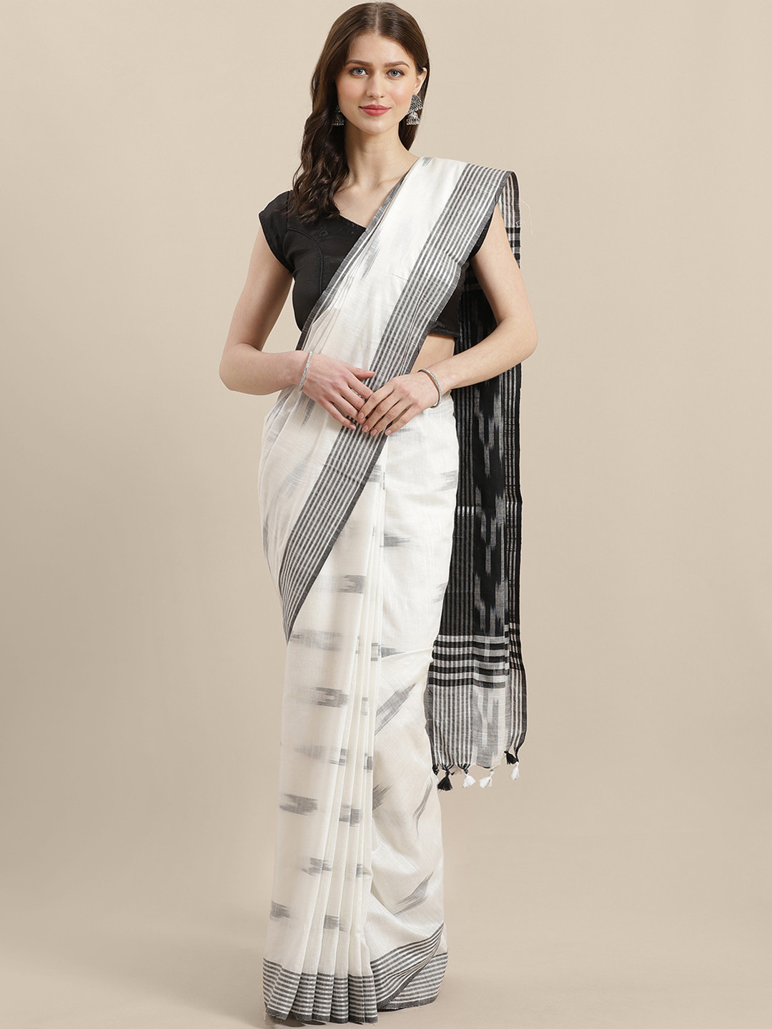 

swatika White & Black Woven Design Handloom Ikat Saree