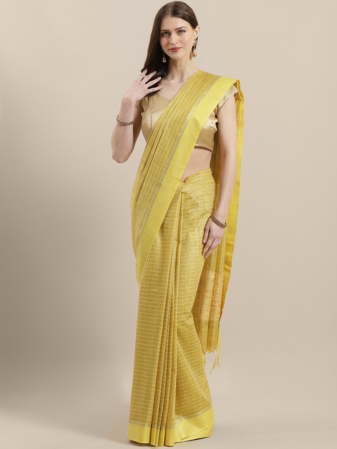 

swatika Yellow Handloom Striped Bhagalpuri Saree