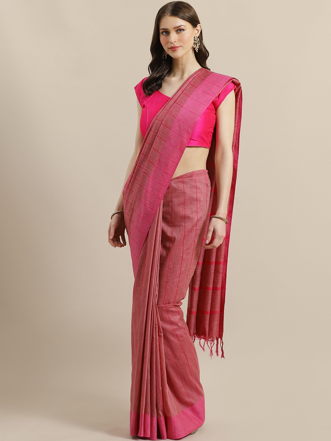 

swatika Pink Handloom Striped Bhagalpuri Saree