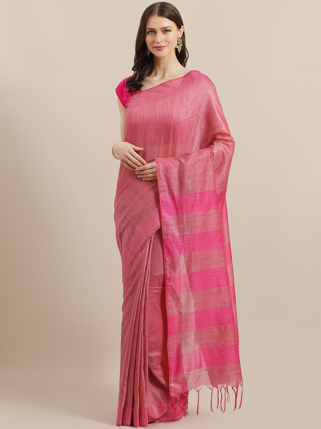 

swatika Pink Handloom Solid Bhagalpuri Saree