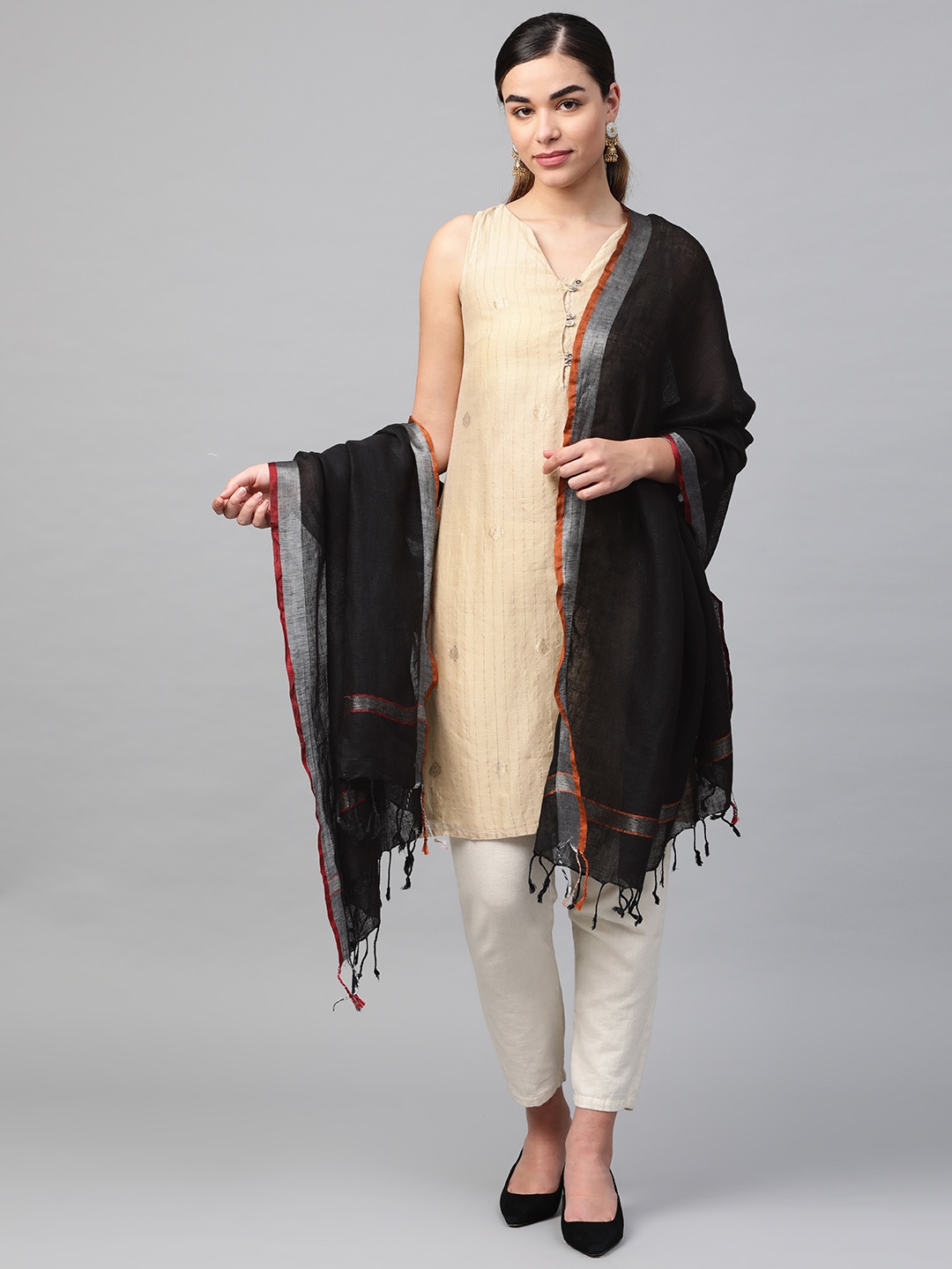 

swatika Black Handloom Bhagalpuri Linen Solid Dupatta