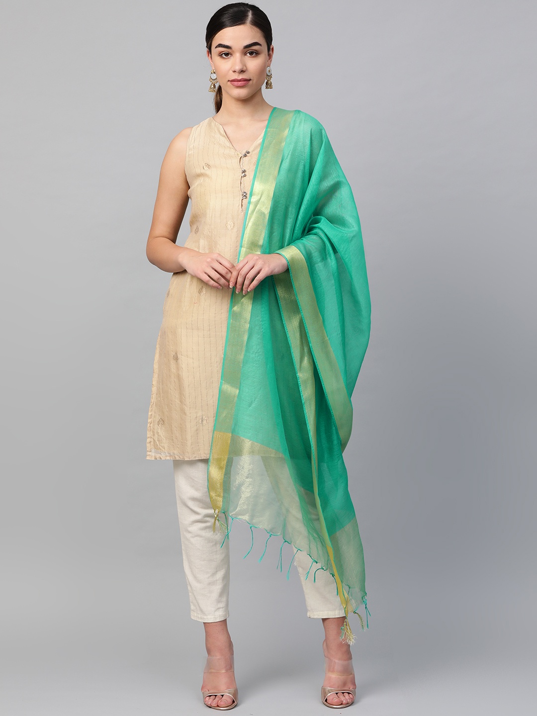 

swatika Green Bhagalpuri Handloom Solid Dupatta