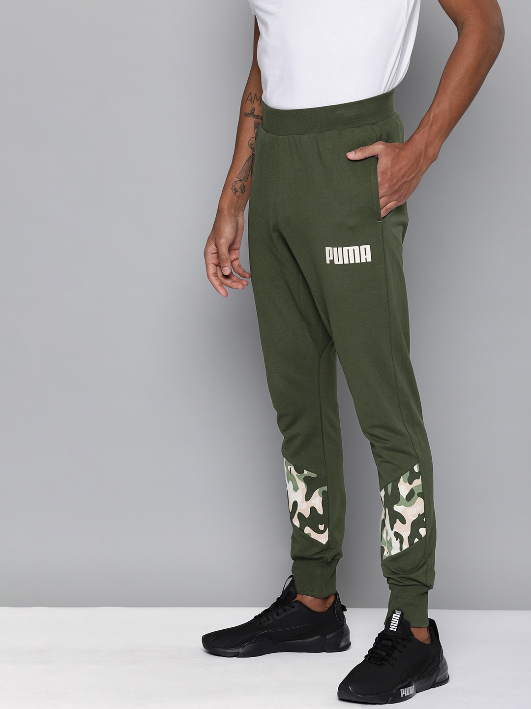

Puma Men Olive Green Straight Fit Printed Rebel CAMO Cropped Joggers