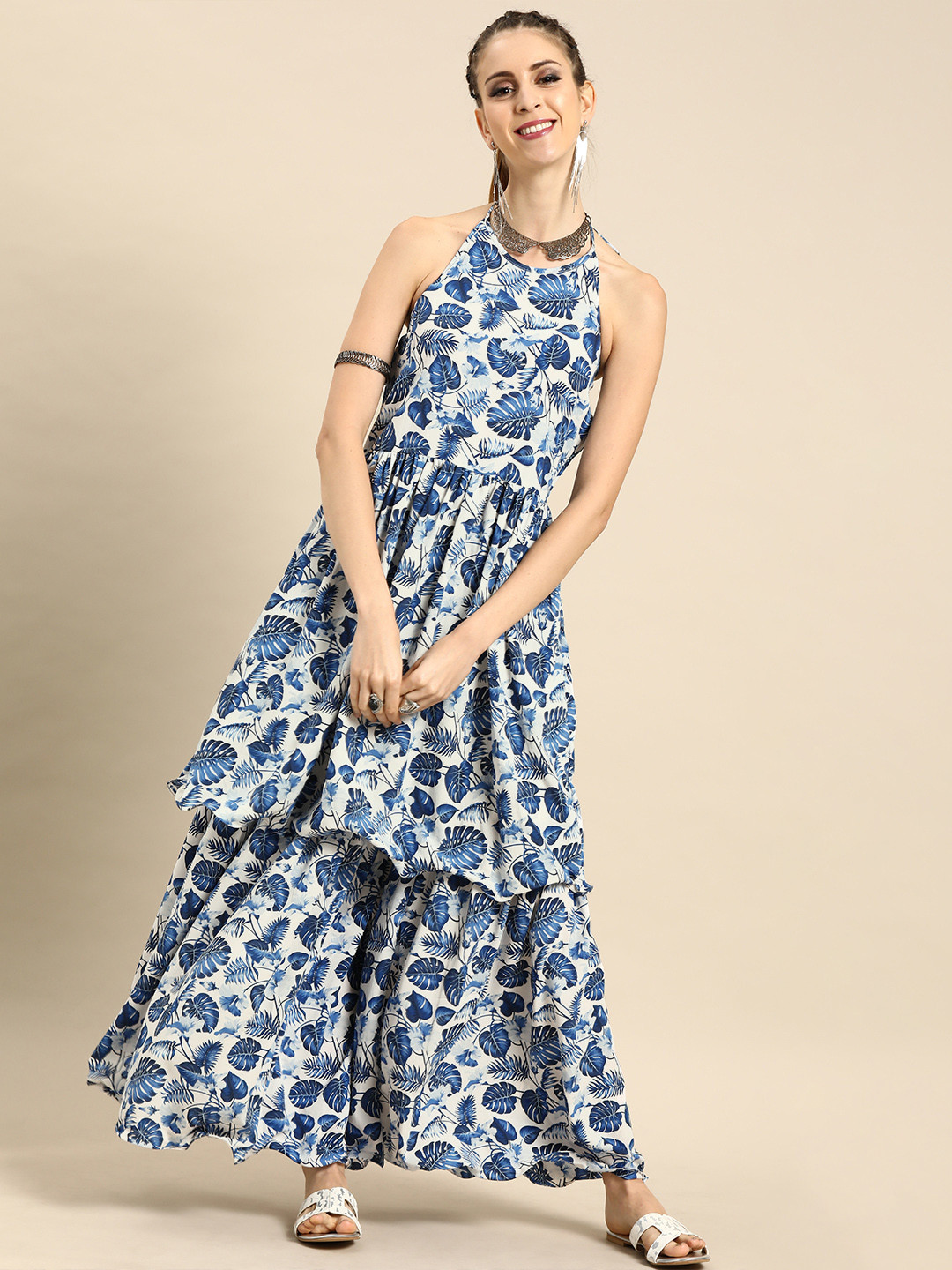 

Nayo Women White & Blue Printed Kurta with Sharara