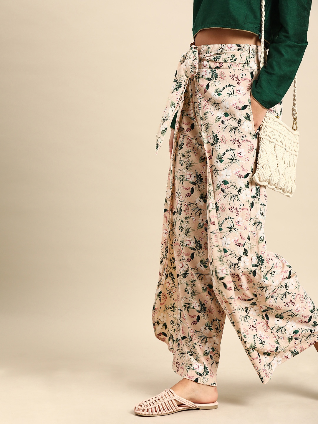 

Nayo Women Peach-Coloured & Green Printed Wide Leg Palazzos