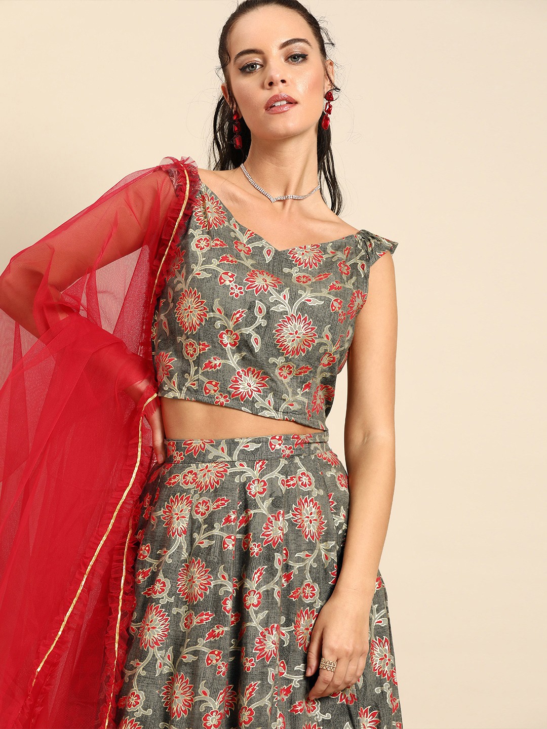 

Nayo Grey & Red Printed Ready to Wear Lehenga & Blouse with Dupatta