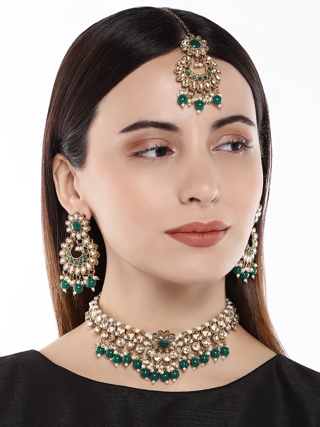 

AccessHer Green Gold-Plated Kundan, Pearl & Emarald Embellished Jewellery Set